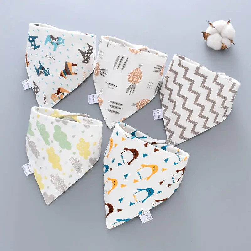 5pcs/lot Pure Cotton Baby Bibs Triangle Double Cotton Bibs Cartoon Print Saliva Towel Baby Boys Girls Feeding Apron