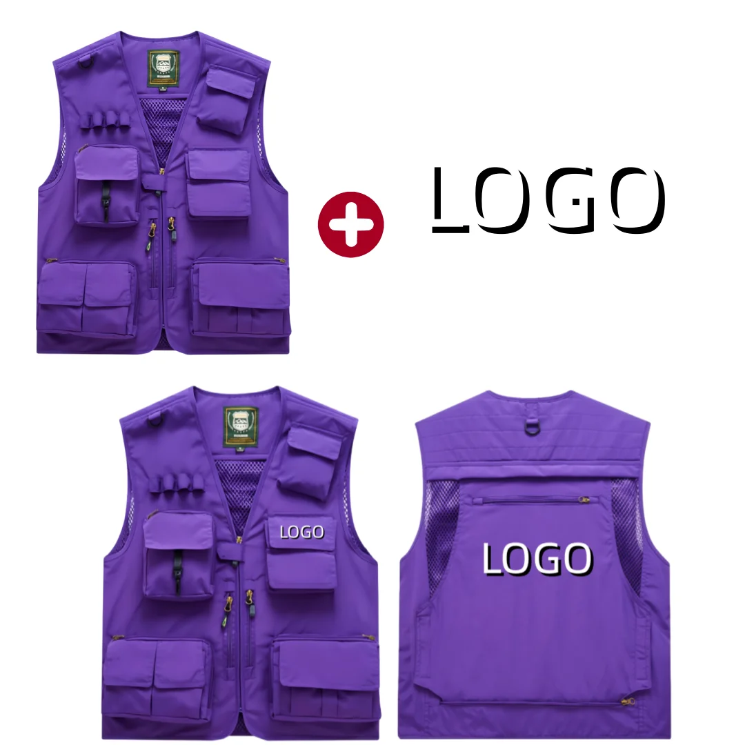 New Men's Multi-Pocket Outdoor Vest, Printed Team Logo Work Jacket, Volunteer Photography, Hiking, Fishing, and Breathable Vest