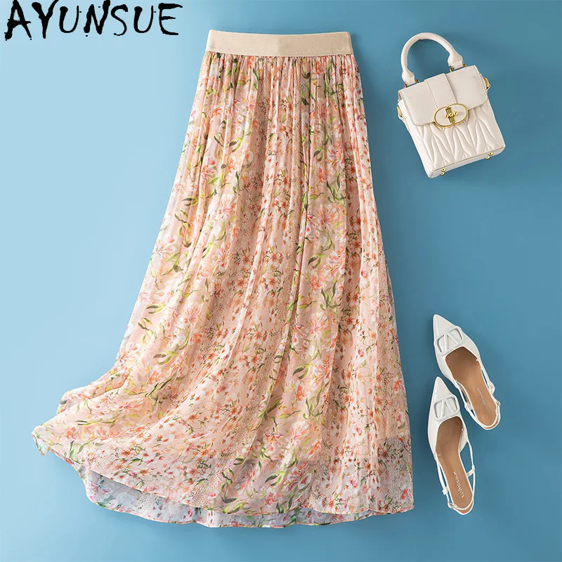 AYUNSUE Natural Silk Women's Skirts Elegant Floral Skirts 2026 Woman Vacation Style A-line Skirt Summer Clothes for Woman Юбка