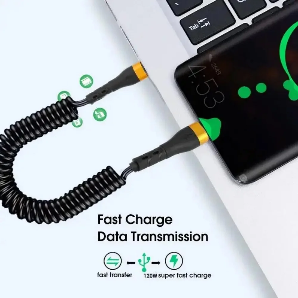 

USB Type C PD 120W Car 6A Fast Charging Type C to Type C Spring Telescopic Cable For iPhone 16 Serie Samsung Huawei Xiaomi Redmi