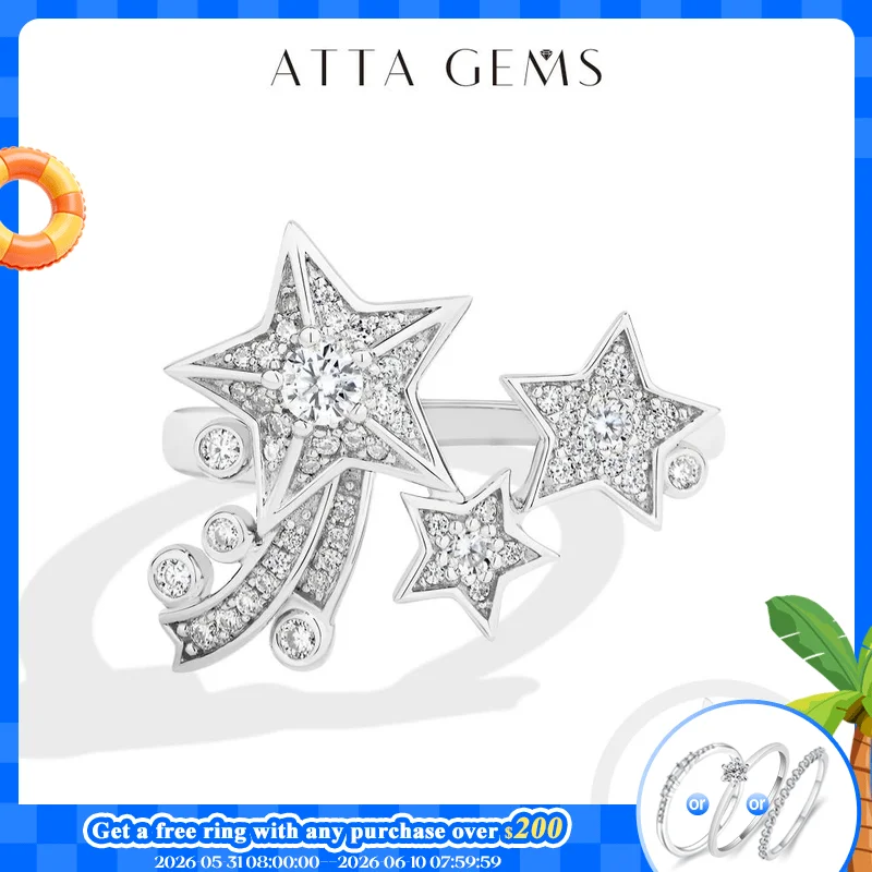 ATTAGEMS Light Luxury All Moissanite Star Rings 925 Sterling Silver for Women Unique Design With Lucky Genuine Fine Jewelry Gift