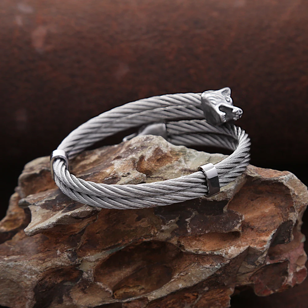 Fashion Retro Viking Wolf Head Bracelet Punk Stainless Steel Simple Domineering Open Bracelets Amulet Jewelry Gift Wholesale