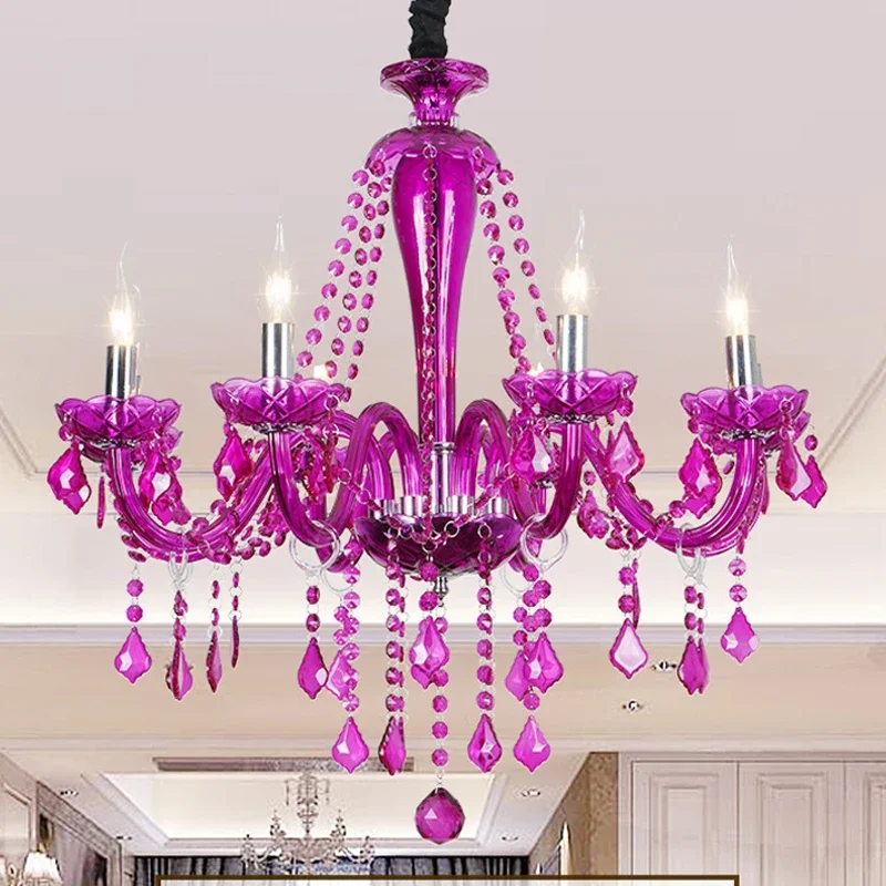 

APRIL European Style Crystal Pendent Lamp Purple Candle Lamp Luxurious Living Room Restaurant Bedroom Girls' Room Chandelier