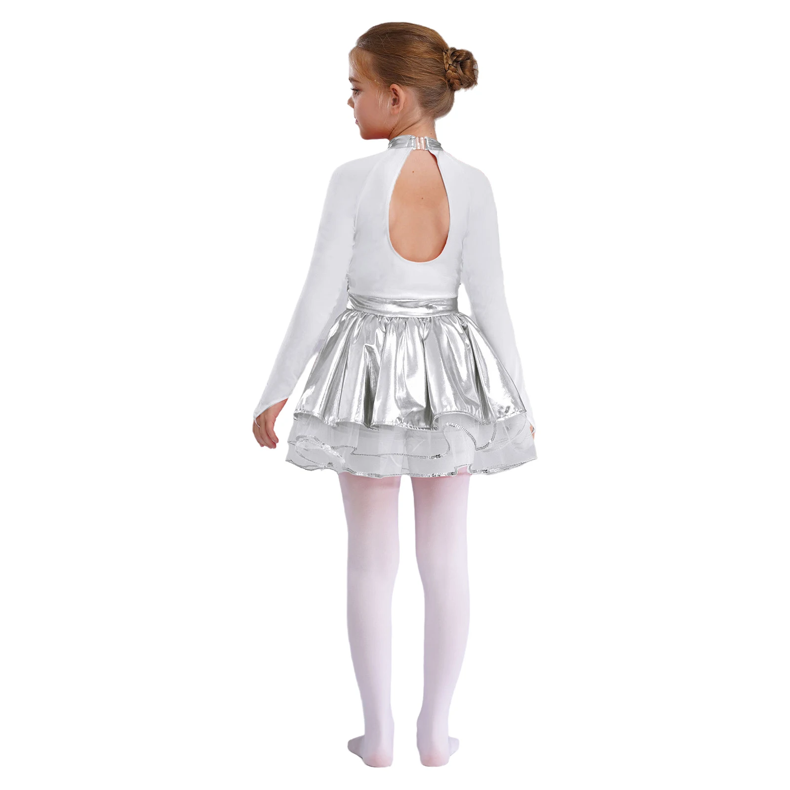 Girls Sequin Ballet Dance Tutu Leotard Dress Long Sleeve Layered Tulle Dress Figure Skating Dancewear for Party Princess Costume
