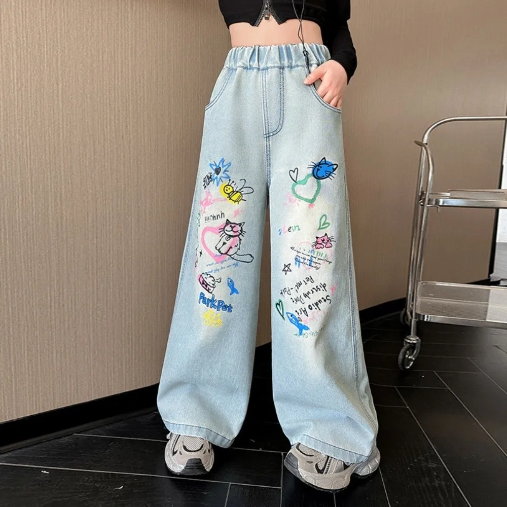 

Cute Straight Teen Girl Jeans Loose Graffiti Children Cartoon Jeans Wide Leg Streetwear Girls Denim Trousers Kids Children