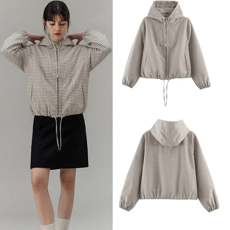 Women's Plaid Hooded Long Sleeve Jacket Casual Autumn Winter Outerwear with Drawstring Female Daily Office Coat 2026 New