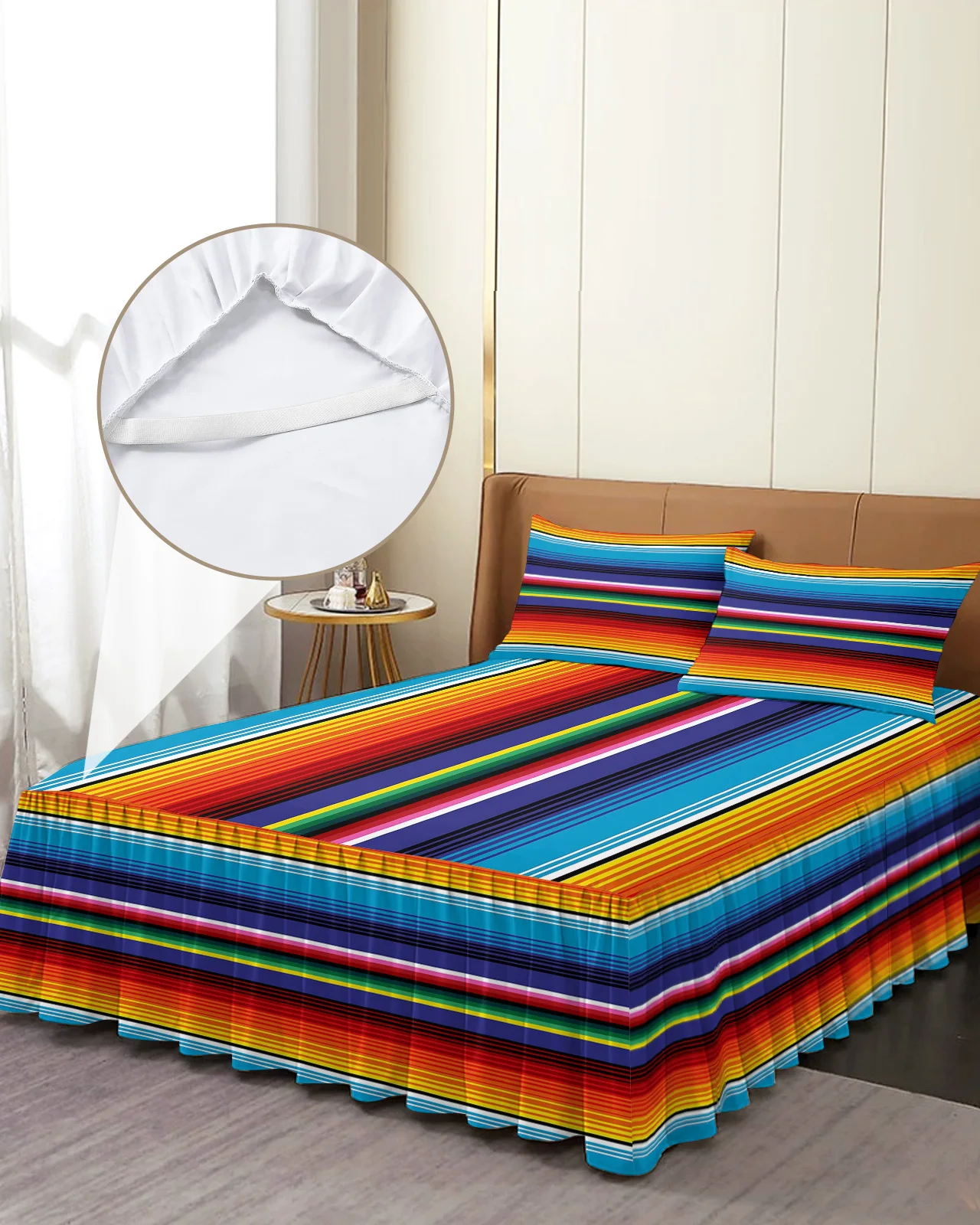 Colorful Mexican Stripes Bed Skirt Elastic Fitted Bedspread With Pillowcases Bed Protector Mattress Cover Bedding Set Bed Sheet