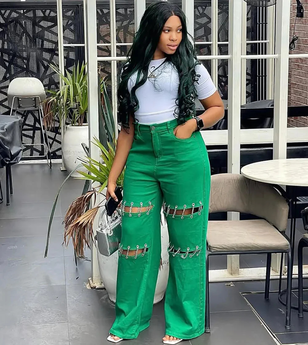 جديد غير رسمي فارغ مسمار وسلسلة خياطة الجينز المرأة الربيع الصيف موضة بلون فضفاض عالية الخصر واسعة الساق الجينز