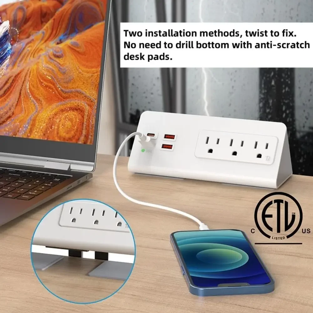 PD 20 واط مكتب المشبك قطاع الطاقة الولايات المتحدة التوصيل مع منافذ شحن USB مَقْبِس مخرج التثبيت الالتوائي 2 متر تمديد الحبل