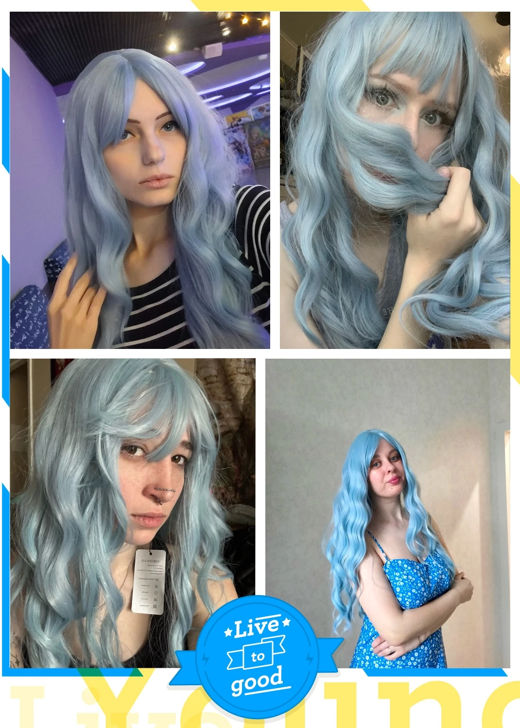 Allbell Magique Blaue Haarperücke mit Pony, lange gewellte synthetische Perücke, babyblaue lockige Perücke für Frauen, täglicher Partygebrauch, hitzebeständig – Detail 1