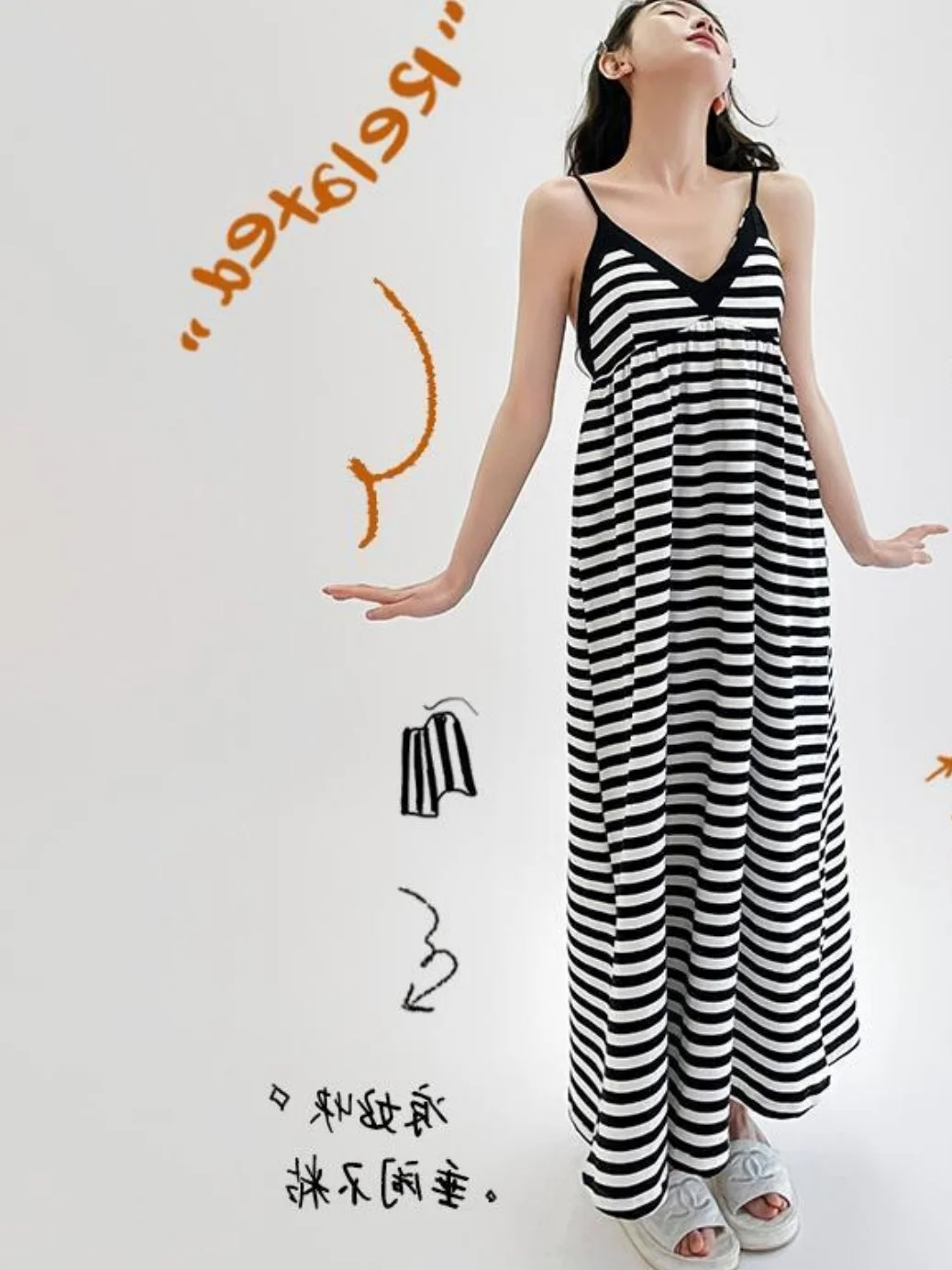

Summer Striped Strap Sleep Dress Women's Korean Style V-neck Long Dress Can Be Worn outside Slimming Home Clothes Sleepwear E...