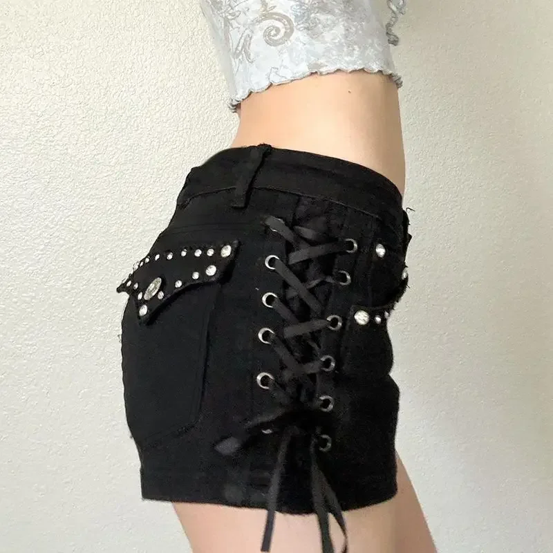 Donne Streetwear Y2k Gotico Nero Pantaloncini di jeans Estate Vintage Harajuku Hot Jean Shorts Anni '90 Estetica Vita bassa 2000s Mini Pantaloni
