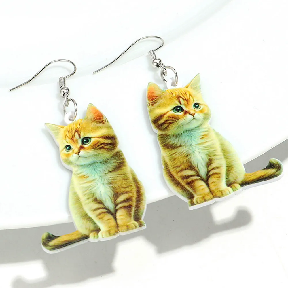 Cute 3D Acrylic Cartoon Cat Print Drop Earrings Funny Big Animal Dangle Earring Women's Fashion Jewelry Gifts