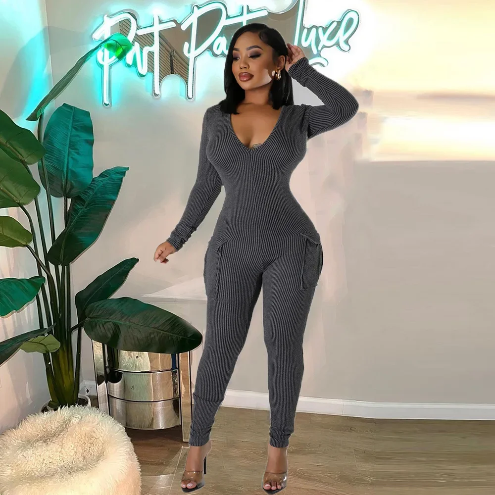 Gebreide Geribbelde Bodycon Jumpsuit Dames Herfst Effen V-Hals Lange Mouw Hoge Taille Zakken Casual Mode Rompertjes Trend Streetwear