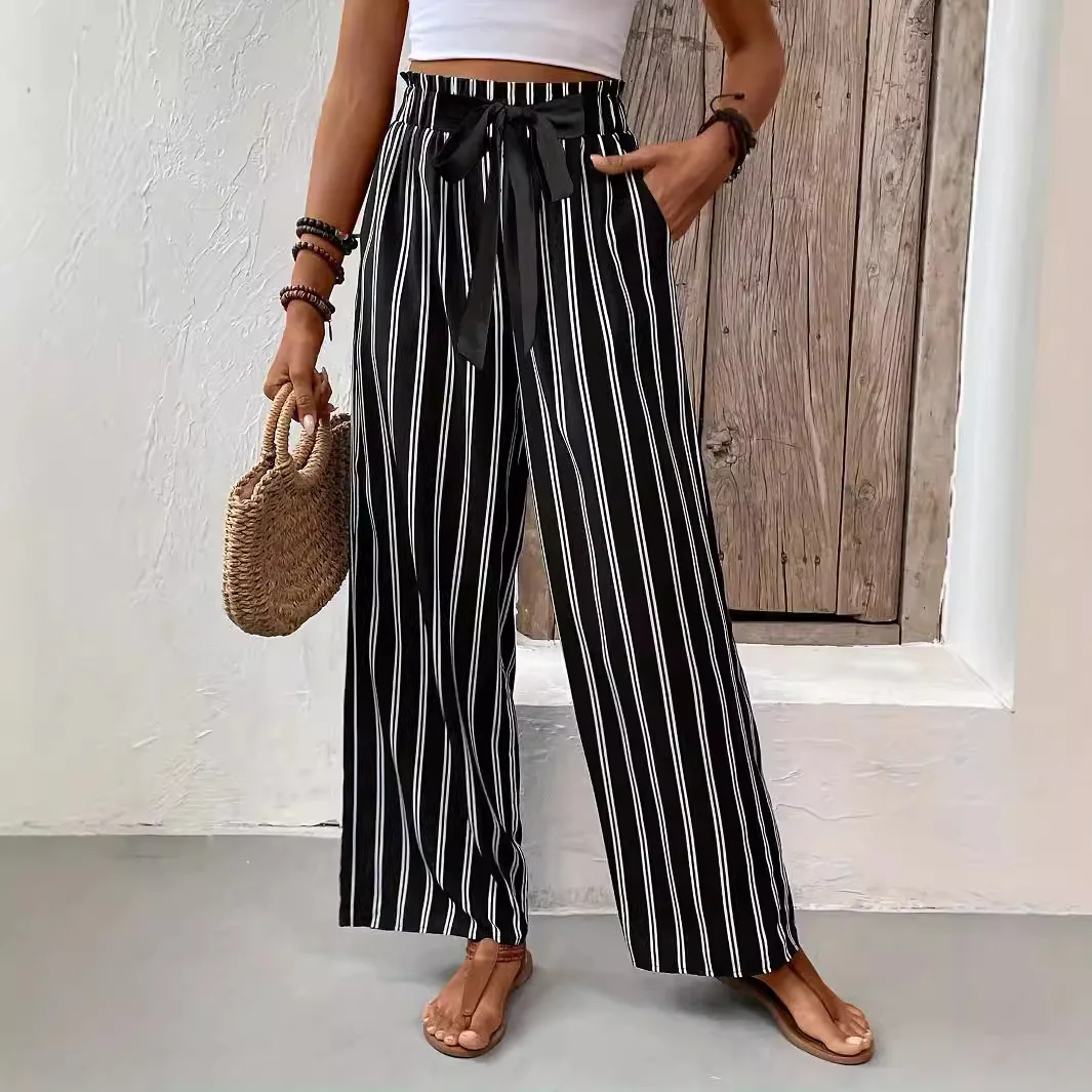 

2025 Summer Striped Patchwork Loose Casual Pants Women High Waist Drawstring Bandage Commute Street Straight Leg Trousers