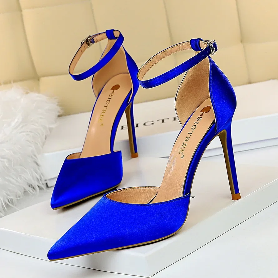 Summer Women 10cm High Heels Sandals Lady Wedding Bridal Scarpins Silk Heels Fetish Pumps Blue Green Pink Strappy Fashion Shoes