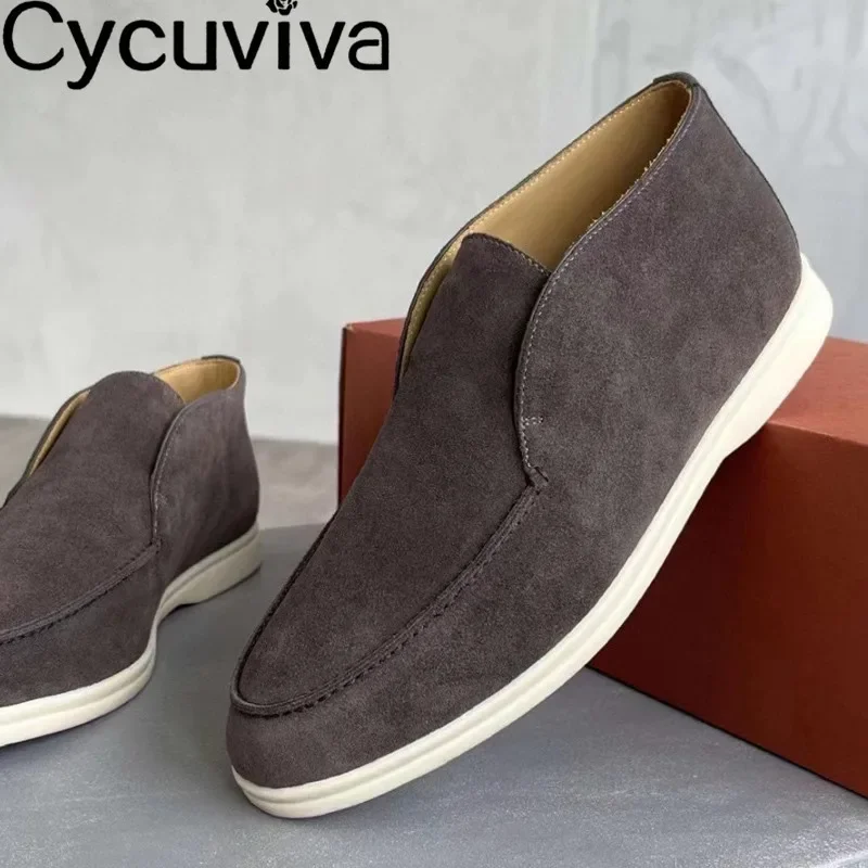 Hot Sale Suede High Top Loafers Men Shoes Rubber Sole Casual Comfort Flat Shoes Male Autumn Male Driving Holiday Open Walk Shoes