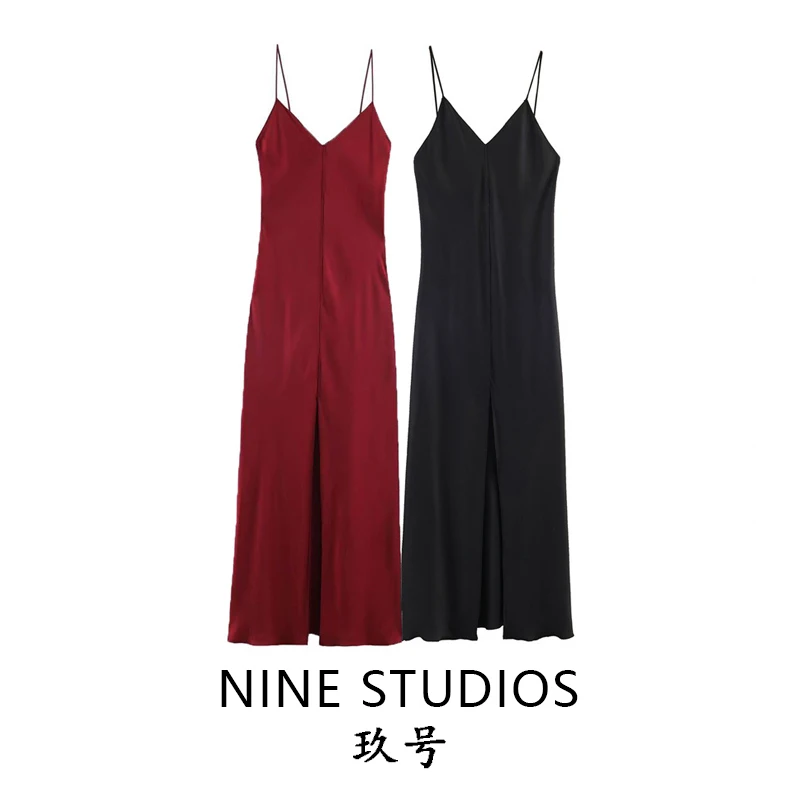 Simple Silk Satin Feel Strapl Dr Long Split Skirt Ele Women's Faion Ci Commute Pure Color No Sve Slim Fit