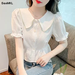 Vintage Summer Crop Tops Women Blouses 2024 Fashion Short Sleeve Blusas Femininas Korean Style Slim Puff Sleeve Chiffon Shirts