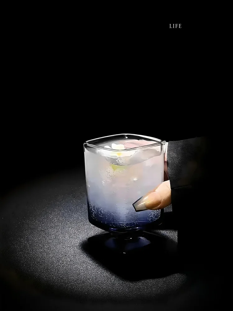 High Aesthetic Square Whiskey Glass Cocktail Cup Middle Ancient Style Clear Glass Drinkware LunTime BZ0421 Single Layer Cup