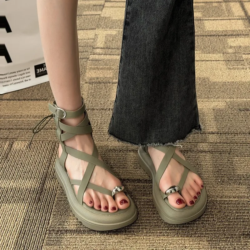 Thick Soled Ladies Roman Shoe Women Summer Fashion Hollow Out Cross Lace-up Cool Boots Retro Open-toe Casual Comfortable Sandals