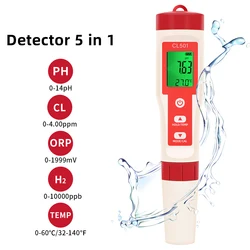 5 in 1 misuratore di cloro PH/CL2/H2/ORP/misuratore di temperatura Tester di qualità dell'acqua per piscine acqua potabile acquario acquacoltura