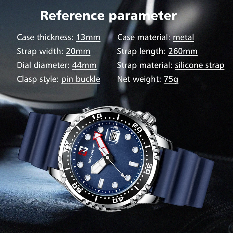 44mm BEN NEVIS Sports Quartz Wristwatch install Quartz Movement Luxury Silicone Strap Diving Water Ghost Style Men Watch