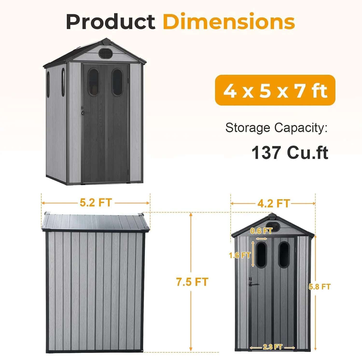 Outdoor Resin Storage Shed 4.2x5.2FT Weatherproof Tool House Garden Patio Backyard, Customized
