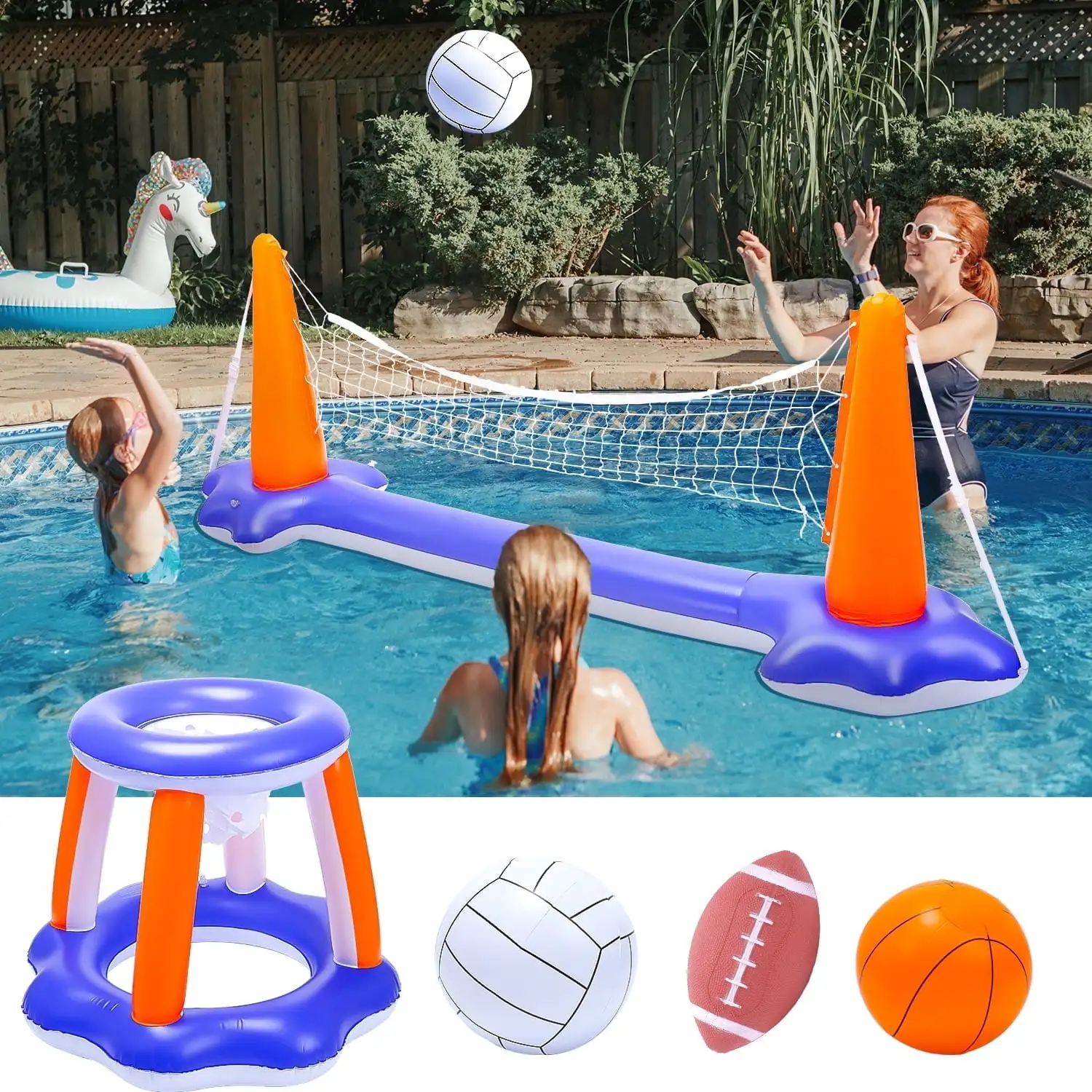 2-in-1 Inflatable Pool Game Set, Floating Basketball Hoop Volleyball & Water Football, Summer Pool Toys for Kids Adults