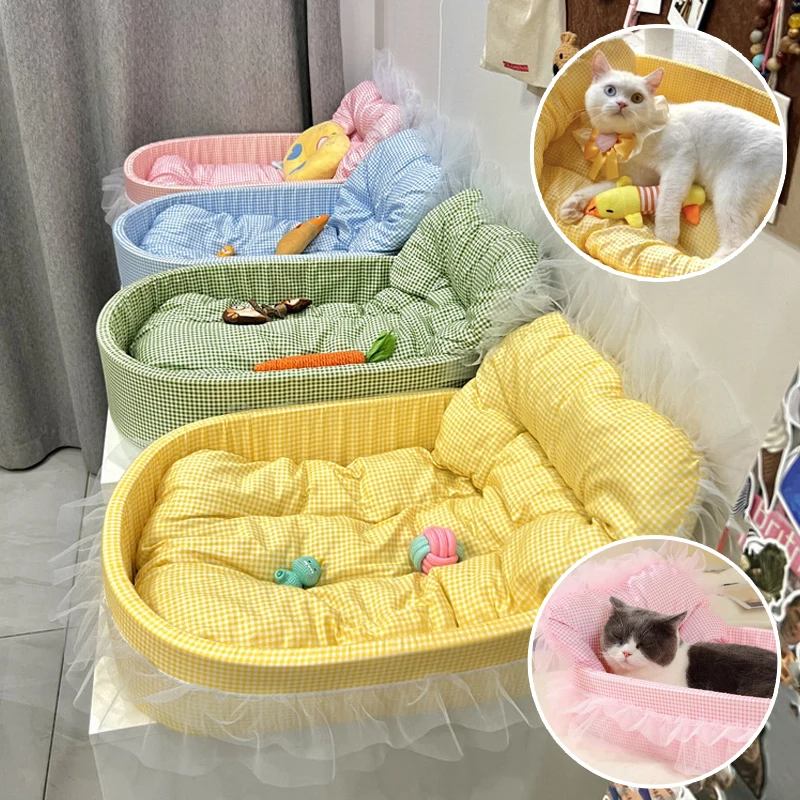 

Universal Cat Dog Pet Bed Gauze Edged Princess Style Washable Removable Cover Deep Sleep Mat for Small Medium Pets All Seasons