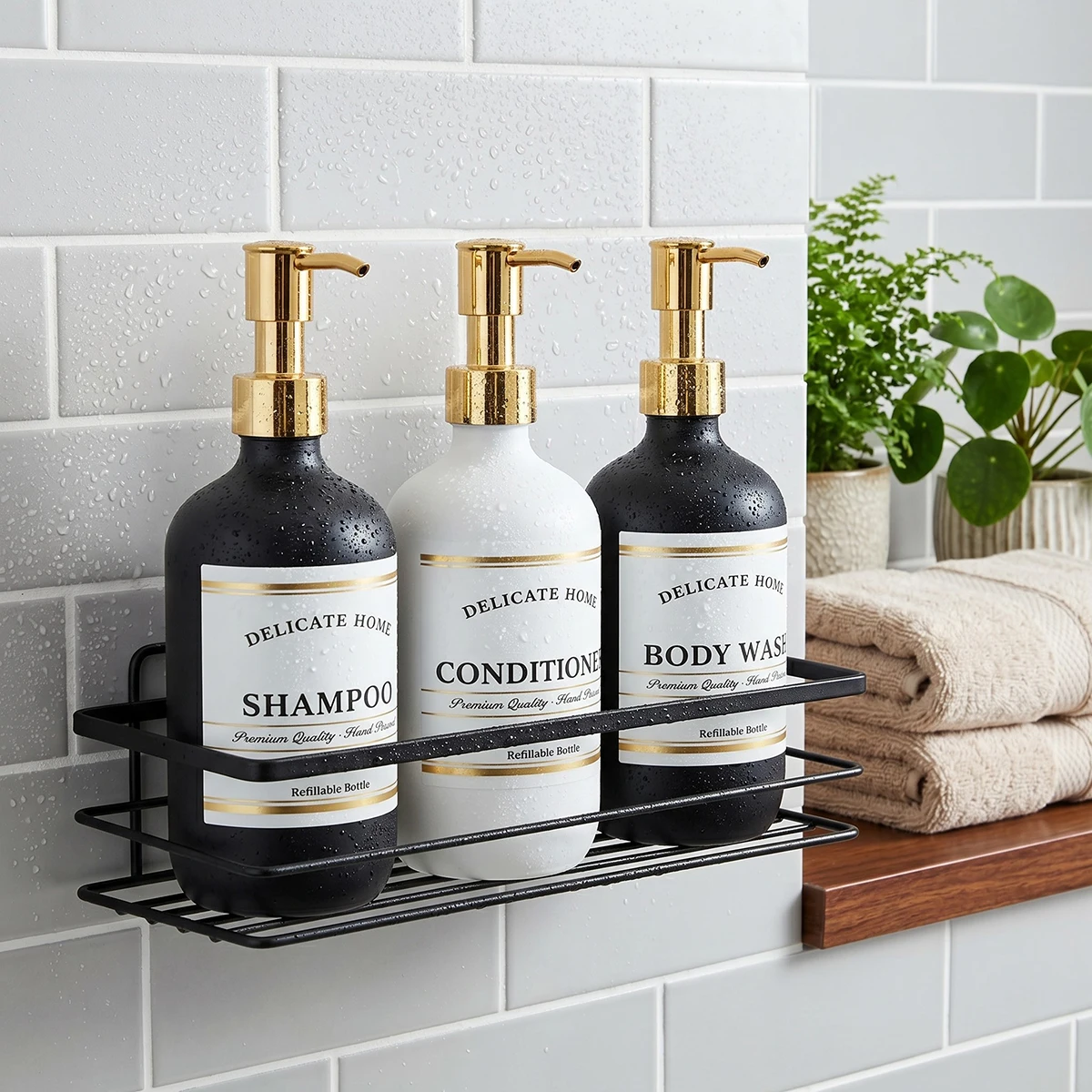 Edles Nachfüllbares Shampoo-, Conditioner- und Duschgel-Flaschenset für Zuhause, 3-teilig, Matt Schwarz & Weiß, Kunststoff-Pumpflaschen, Luxus-Badezimmer