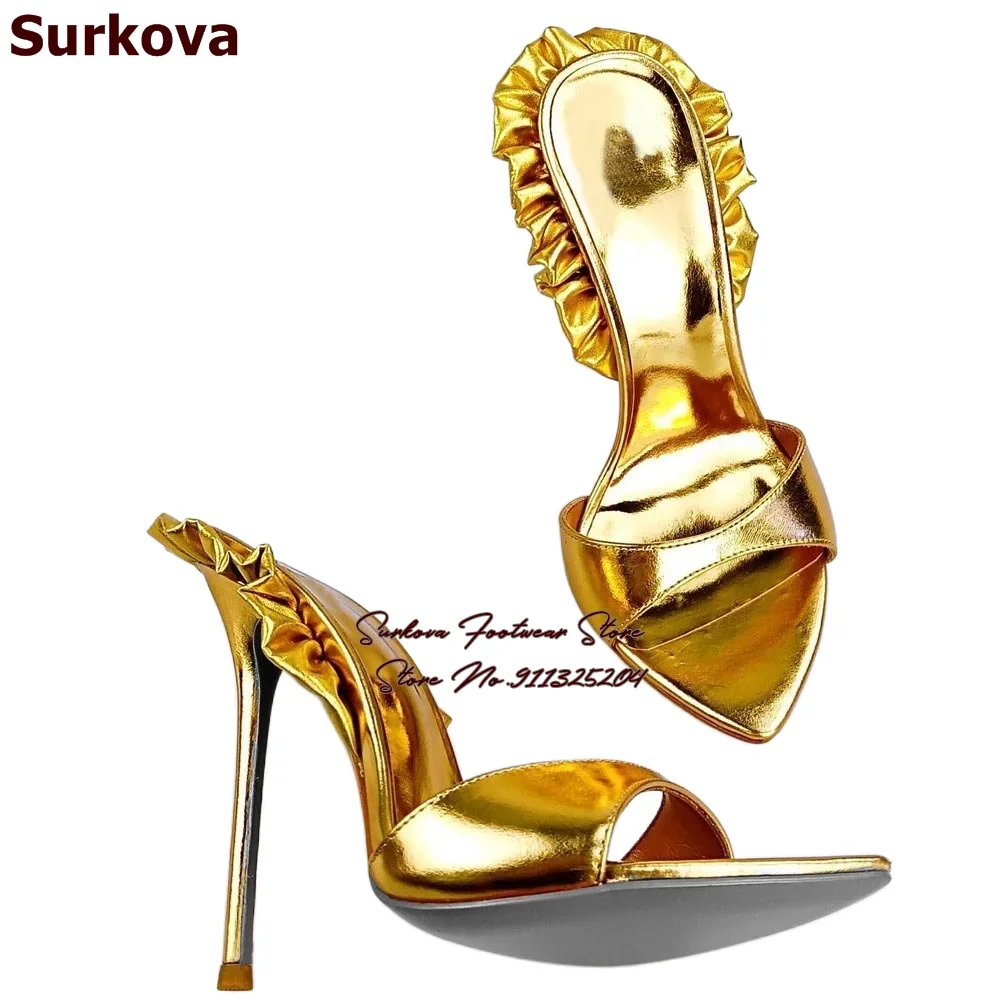 Surkova Gold Black Matte Leather Ruffle Embellished High Heel Slippers Sky High Stiletto Heels Sandals Pointy Toe Party Shoes