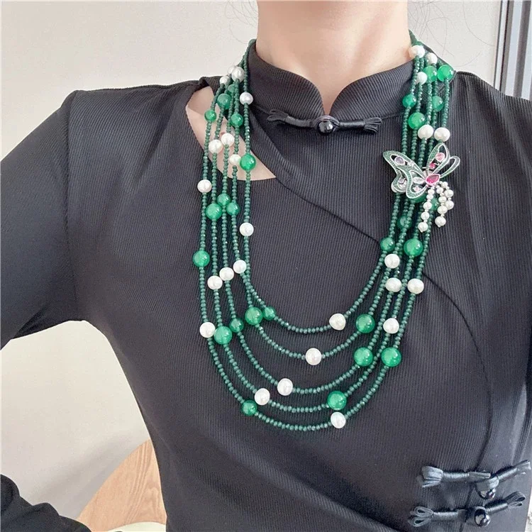 

Women's Multi layered crystal pearl green agate long multi-layer brooch detachable sweater Necklace