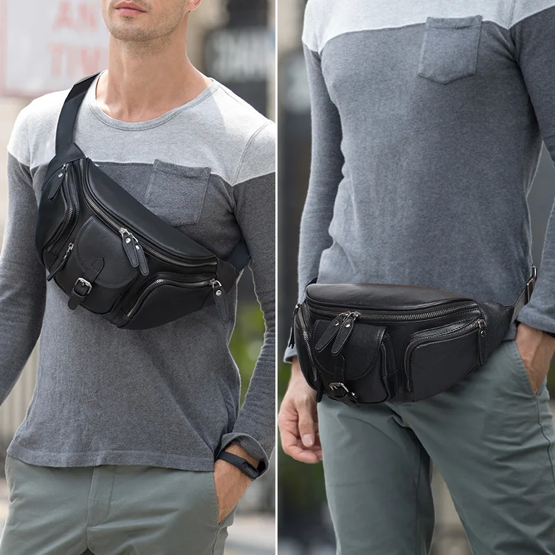 Newest designer chest packs waterproof men's chest bag leisure cycling crossbody bag top layer leather waist bag of men male bag