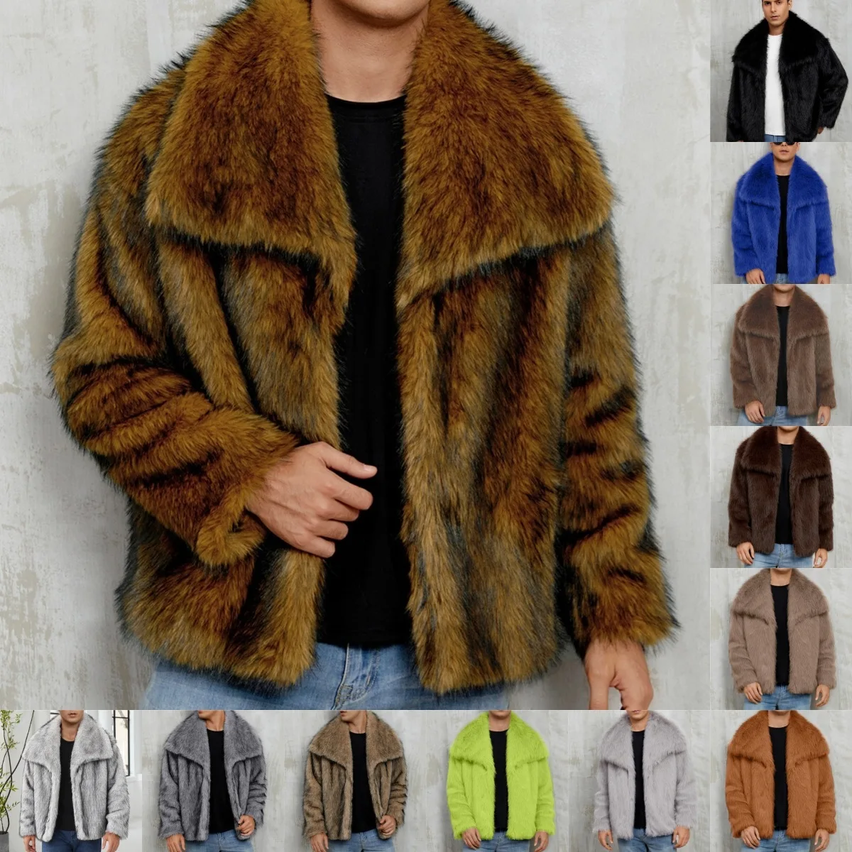 

F0962 Men's Short Jacket With Turn-Down Collar, Warm Coat, Plush Faux Fox Fur
