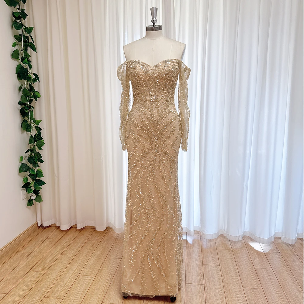 Vestido de noche elegante de satén para mujer con tren desmontable perlas mangas largas sirena vestido de fiesta de graduación personalizado 2025 boda