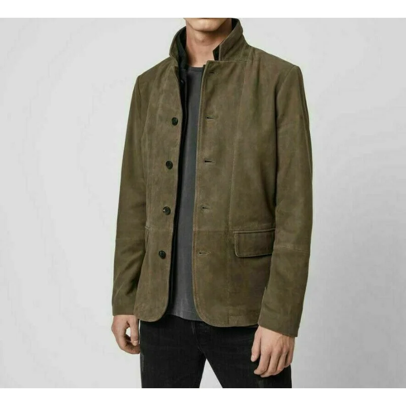 Men's Green Real Suede Blazer Genuine Leather Button Coat Classic Jacket