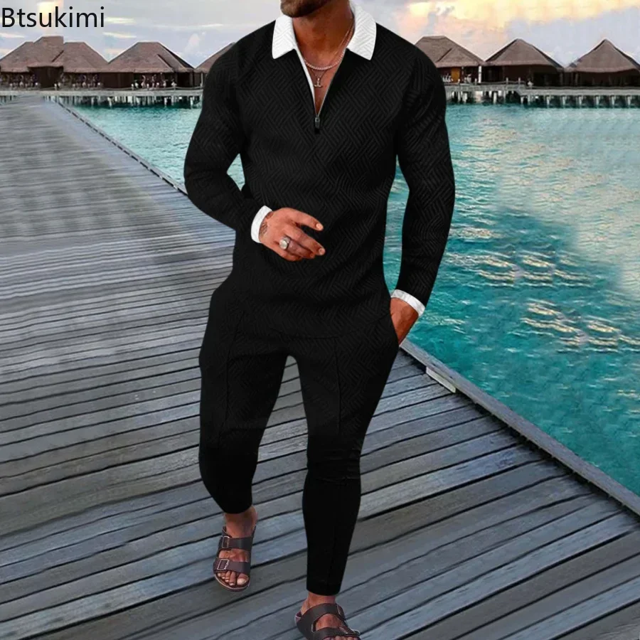 2026Spring Autumn Long Sleeve Polo Shirt+Sweatpants Suit Men V-neck Sweatshirt Men Streetwear Vintage Clothing Sets Tracksuits