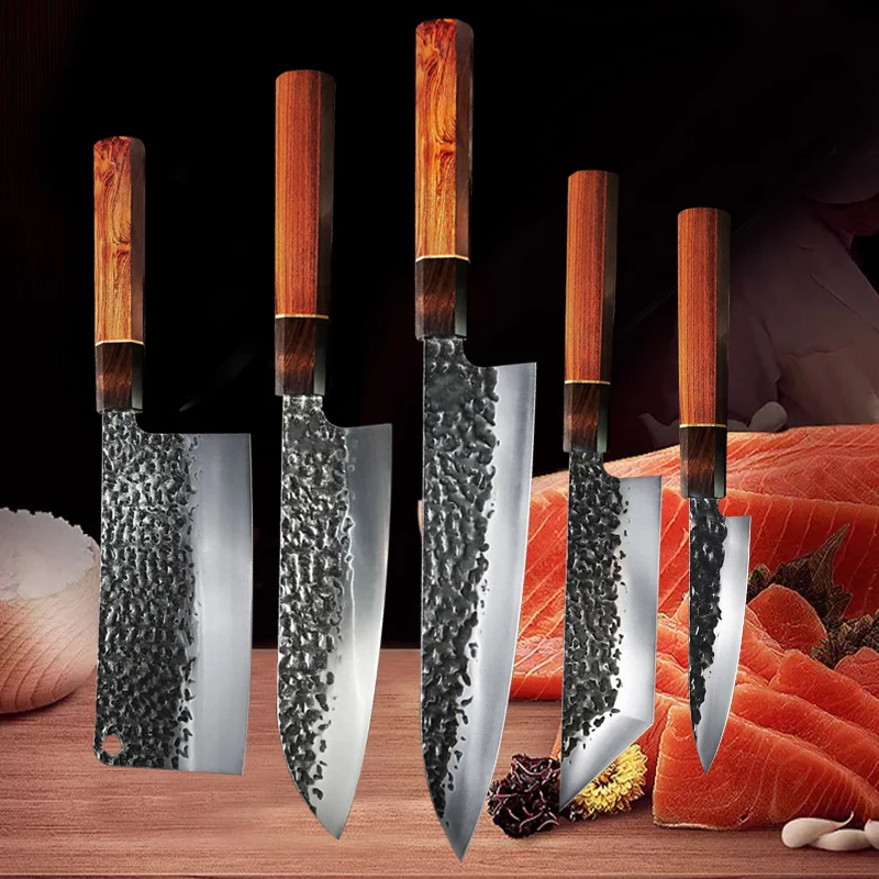 NONE Japanische Küchenmesser Gehämmertes Kochmesser 90Cr18MoV Edelstahl Santokumesser Fleischbeil Lachs Sushi Schneidemesser 5
