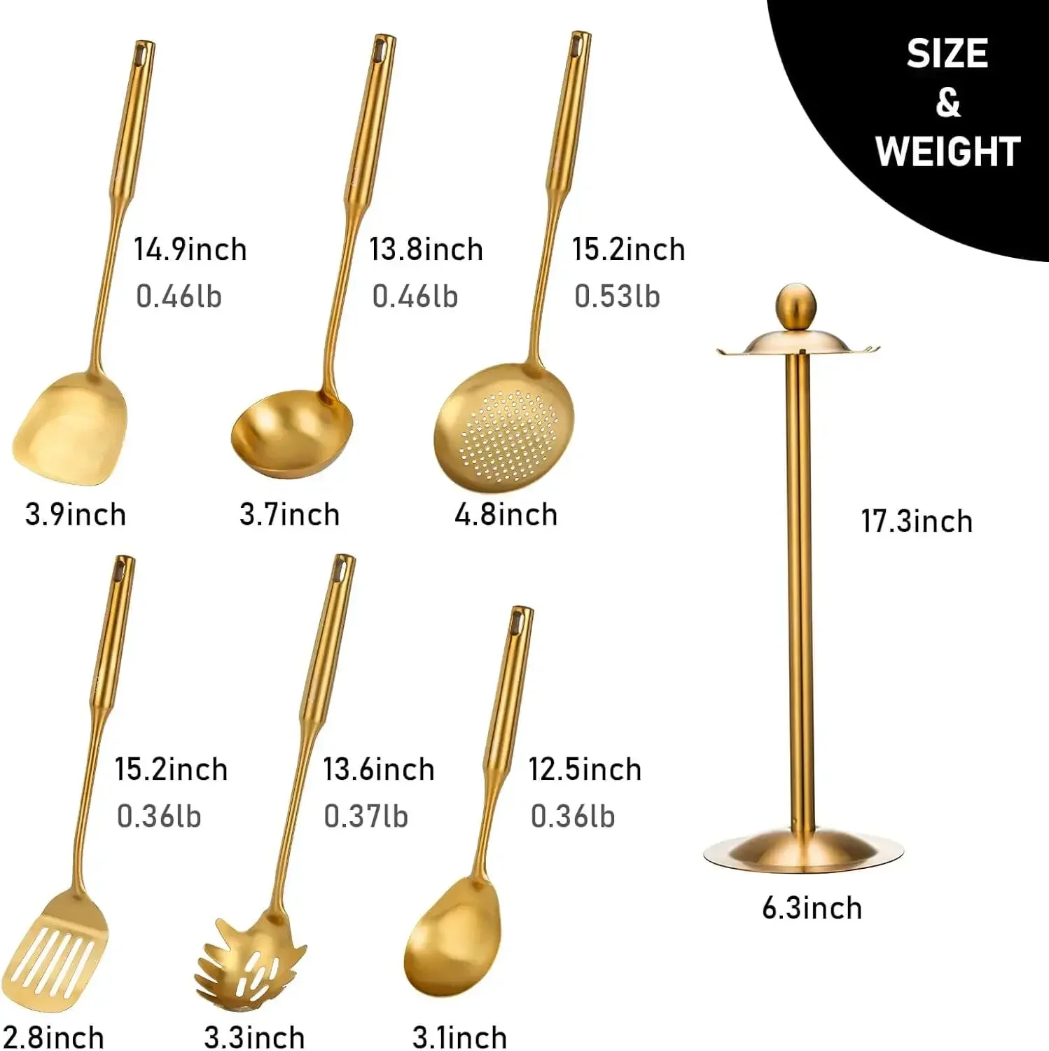 Gold Kitchen Utensils Set with Stand 7 Piece Brass Cooking Tools with Rotating Holder Spatula Slotted Turner Ladle Skimmer