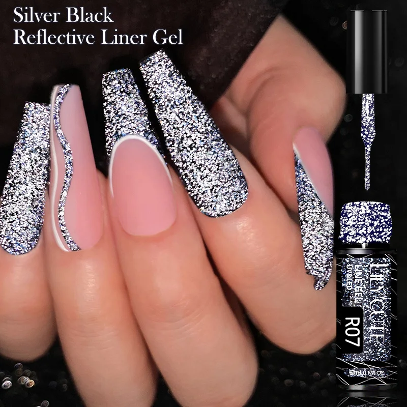 LILYCUTE 5ML Black Silver Reflective Glitter Liner Gel Nail Polish Super Sparkling Shine Colorful Pull Line Painting Stripe Gel