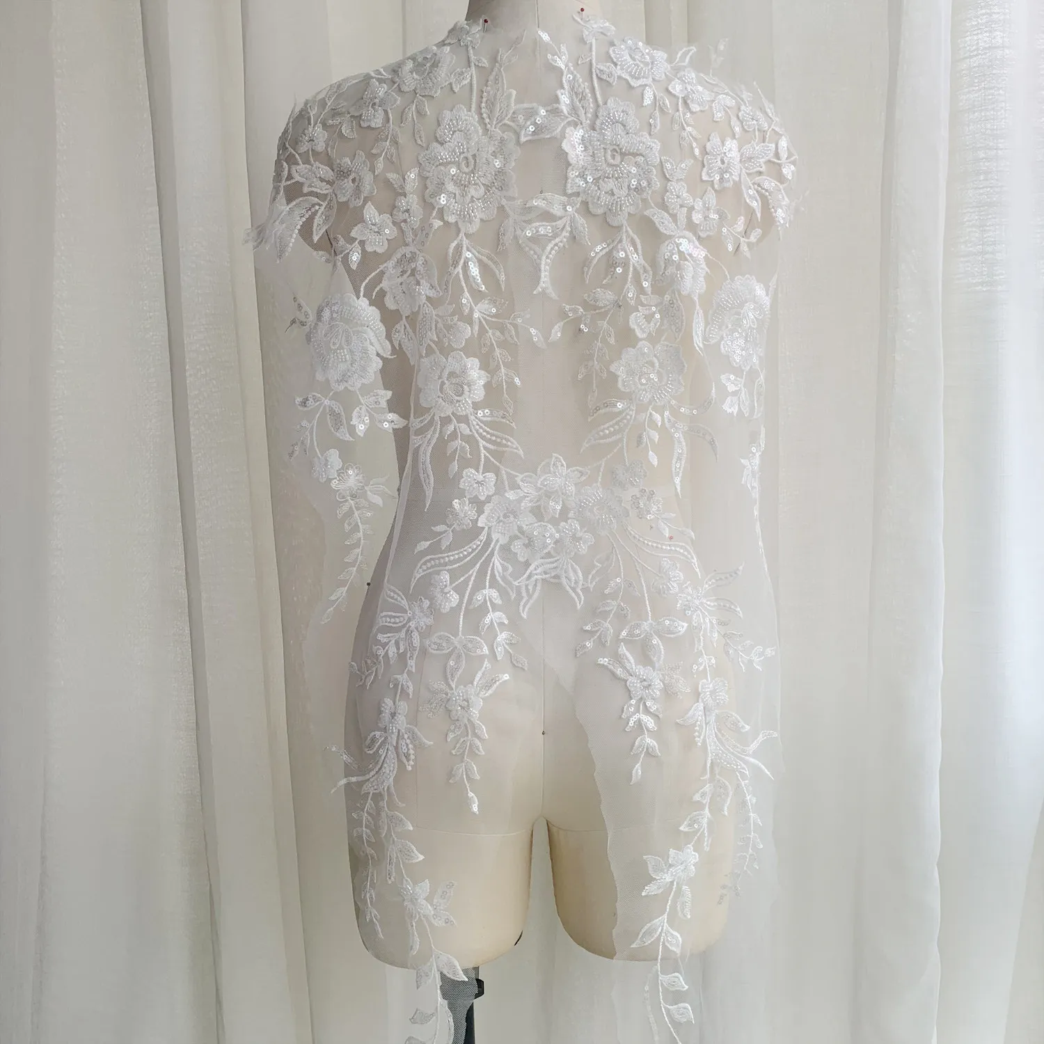 New off White Sequin Bead Lace Large Flower Piece DIY High-end Wedding Dress Trailing Veil Large Embroidery Piece