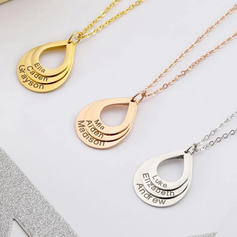 Personalized Engrave 3 Names Water Drop Pendant Necklace Gold Silver Color Customized Family Gifts for Woman Monther's Days Gift