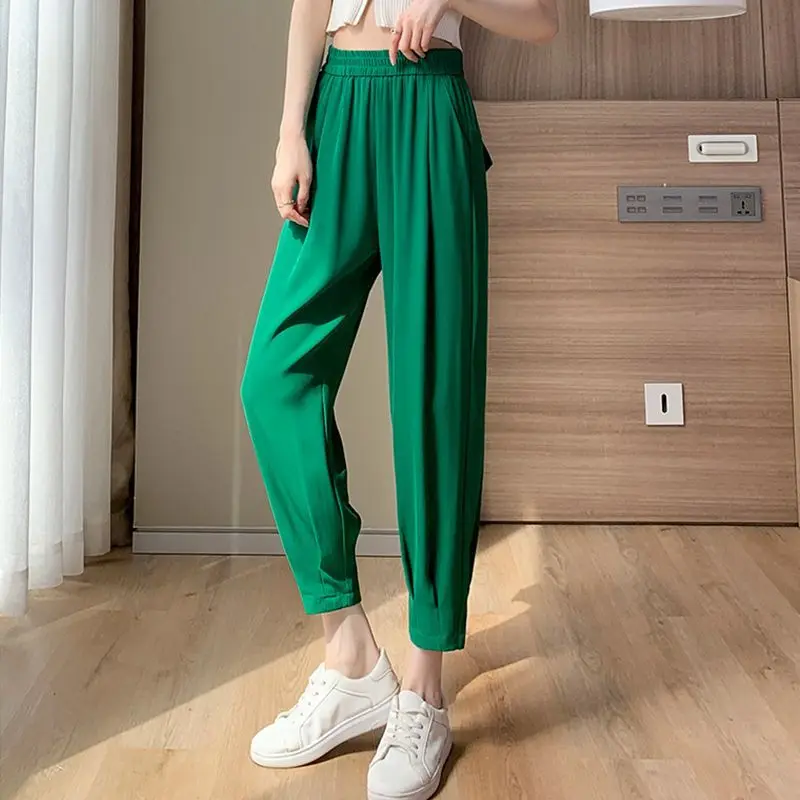 

Женские брюки из ледяного шелка с высокой талией, офисное качество, оригинальный хлопок G, классические шикарные и элегантные эстетические винтажные женские брюки