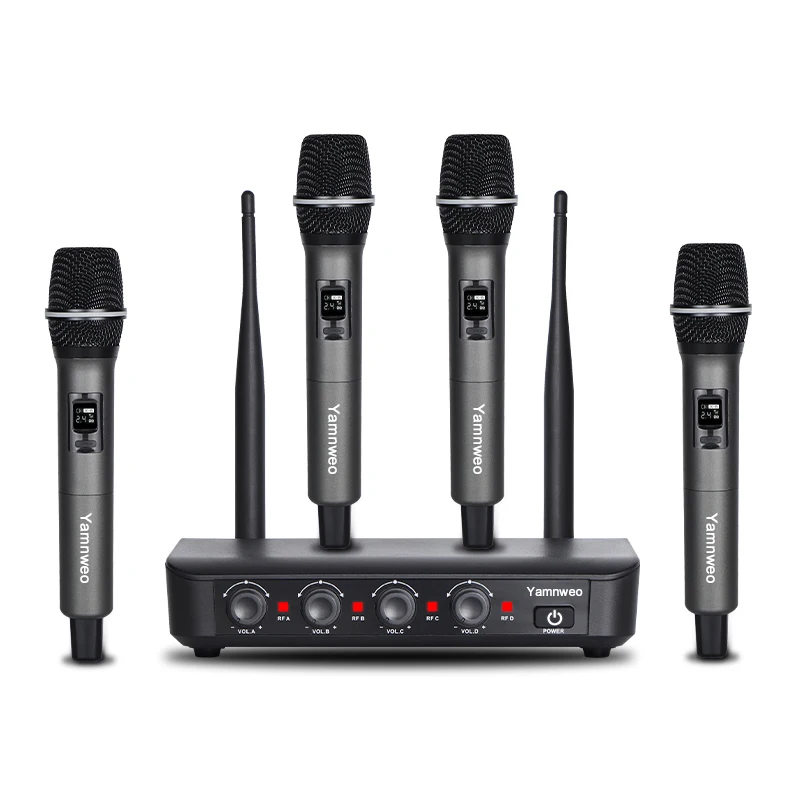 Professional 4-Channel UHF Wireless One to Four Metal Handheld Microphone, Automatic Frequency Matching, Independent Volume Adjustment, Long-Distance Transmission, DSP Noise Reduction and anti Whistling, Stage Performance, Wedding KTV, Business Conference