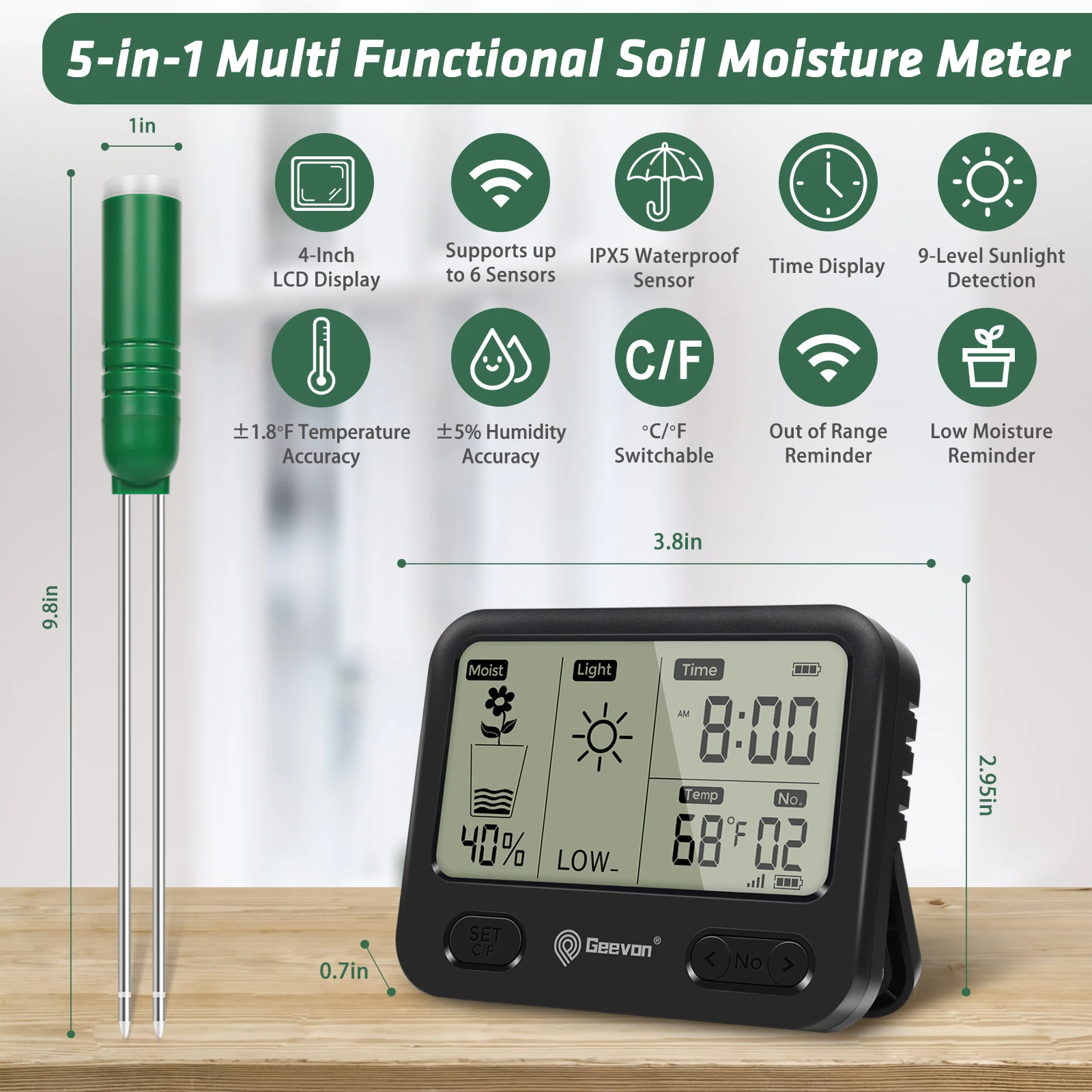 Geevon 4-in-1 Plant Soil Moisture Meter with Wireless 492Ft/150M Range, Temperature,Sunlight, and Time for Indoor Outdoor Plants