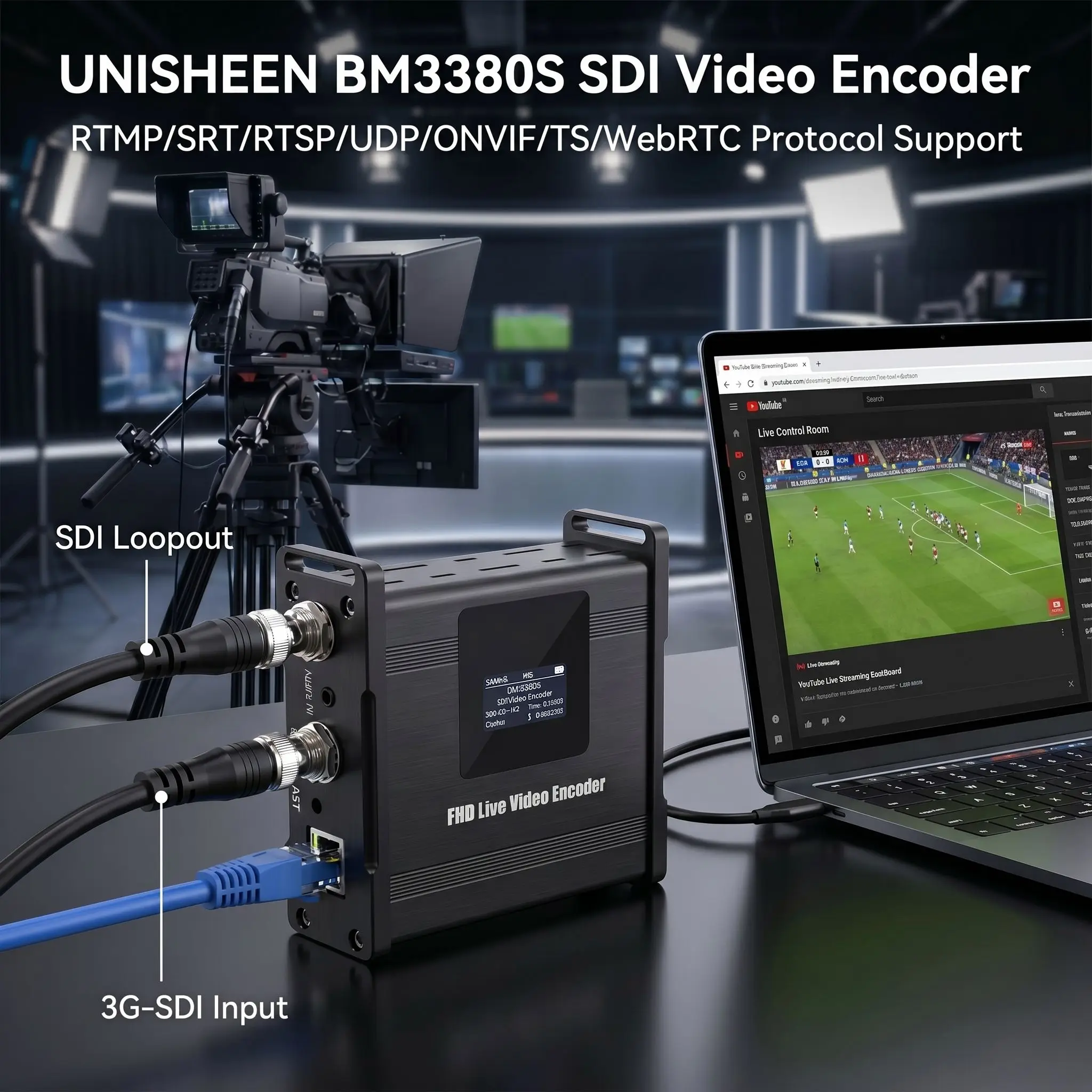 Codificador de Video UNISHEEN SDI 1080p para Transmisión en Vivo a IP, IPTV, WebRTC, RTMP, RTSP, SRT, UDP, H.265, H.264, Onvif, Multicast