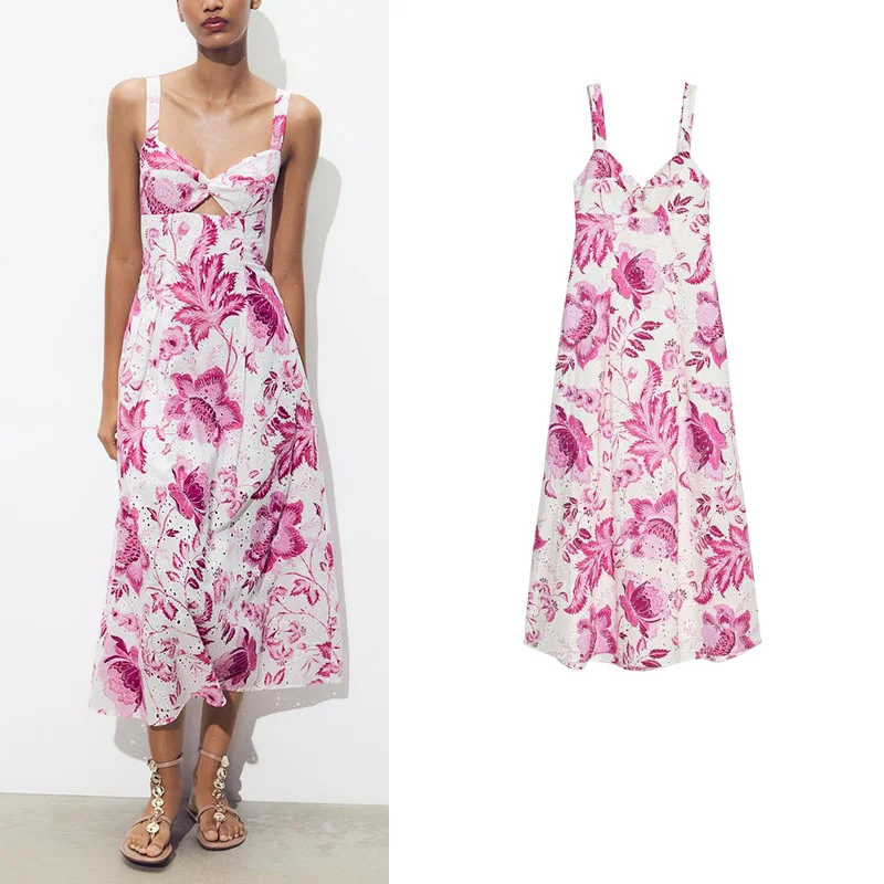 فستان نسائي صيفي جديد بحمالات عريضة وتطريز مفرغ وطباعة وياقة على شكل V، مناسب للشاطئ والعطلات، مصنوع من 00% ألياف البوليستر