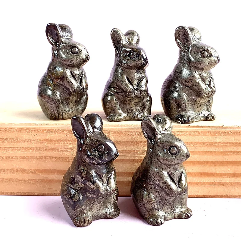 

1PC Pyrite Rabbit Figurine, 1pc, Cute, Crystal, Bunny Carved Statue, Animal Ornament, Art, Home Decoration Holiday Gift