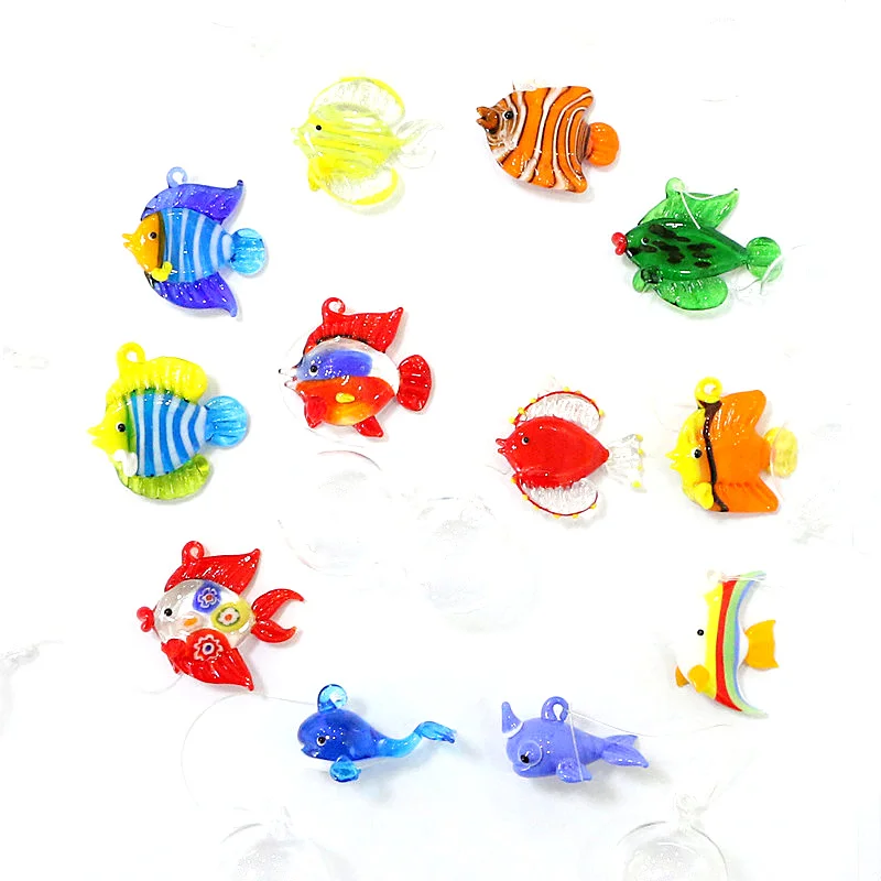 12pcs מותאם אישית בעבודת יד מוראנו צף זכוכית דגי מיניאטורי צלמיות קסמי תליון אקווריום קישוט חמוד ים בעלי החיים פסלי